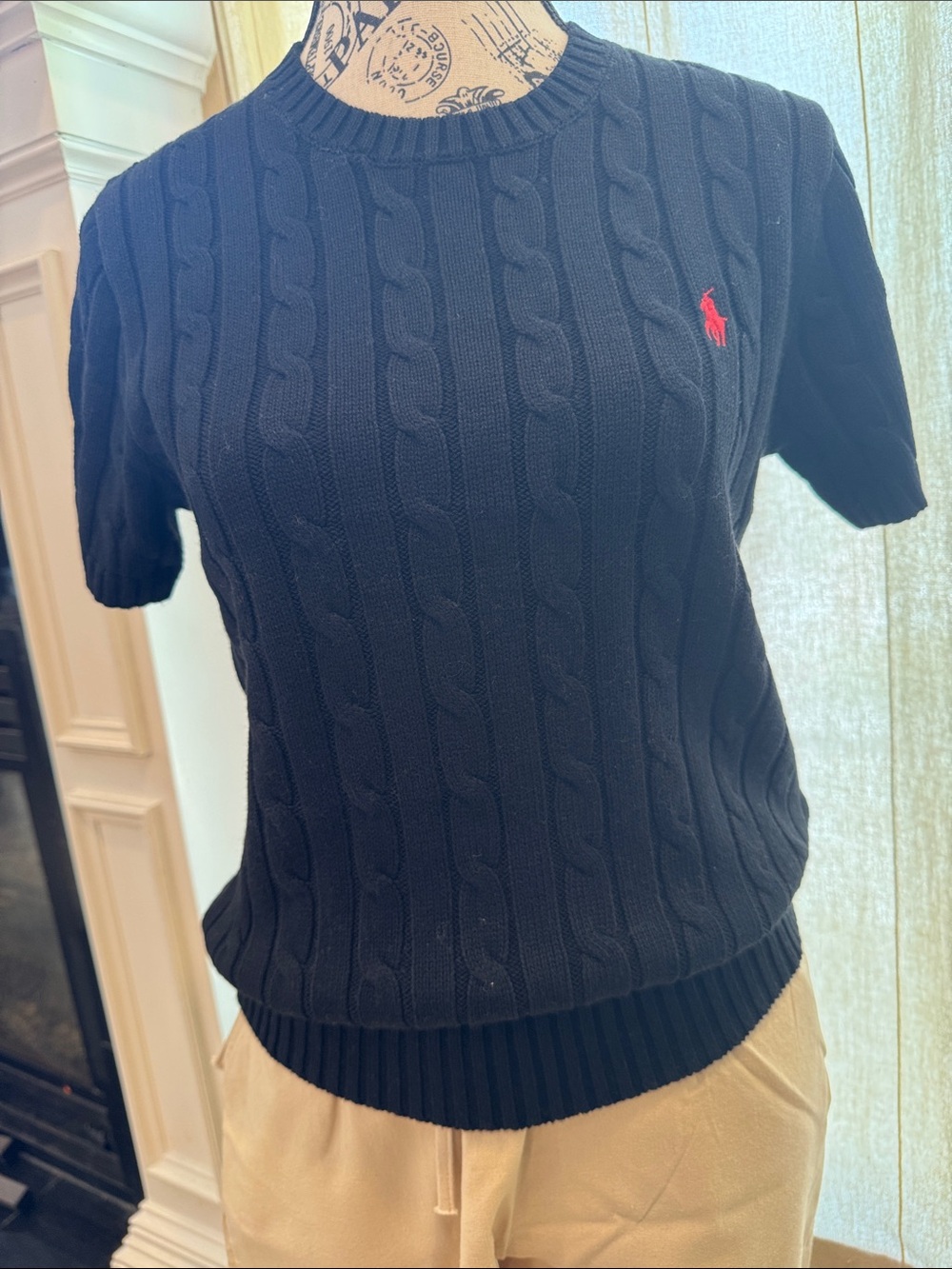 Polo by Ralph Lauren Black Cable-Knit Crew with Red Pony